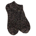 A pair of short knit socks in a dark brown and black marled pattern with small multicolored flecks, shown on a plain white background.