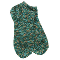 A pair of hand-knit ankle socks featuring a marled pattern of teal green, dark green, and orange yarn, displayed against a solid white background.