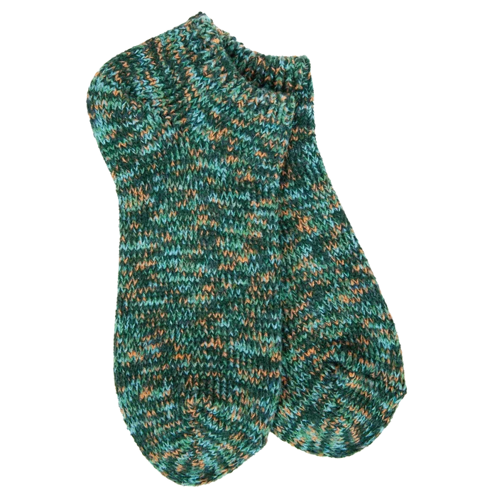 A pair of hand-knit ankle socks featuring a marled pattern of teal green, dark green, and orange yarn, displayed against a solid white background.