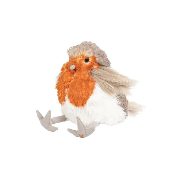 A stuffed bird featuring a vibrant red and white beak, showcasing its playful and colorful design.