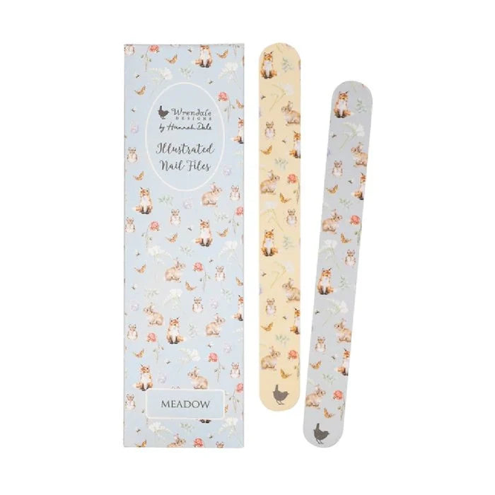 Wrendale Designs Meadow Rabbit and Fox Nail File Set with two illustrated nail files in a patterned pouch.