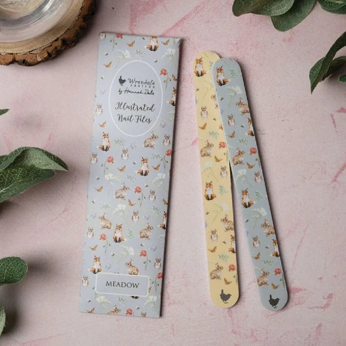 Wrendale Designs Meadow Rabbit and Fox Nail File Set with two illustrated nail files in a patterned pouch.