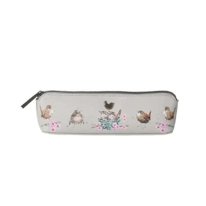A pencil case featuring a colorful bird design on its exterior.