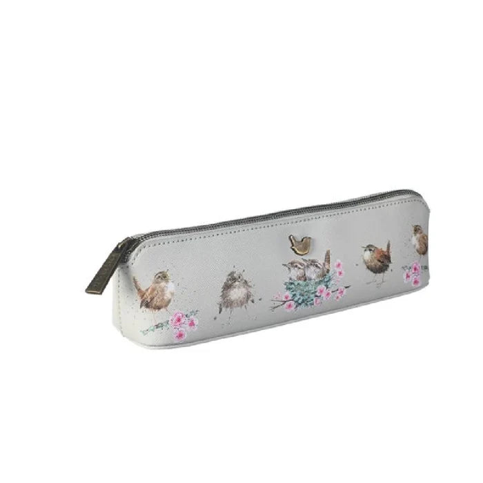 A pencil case displaying a whimsical bird design.