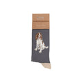 A pair of socks featuring a playful dog design, showcasing its cute face and paws.