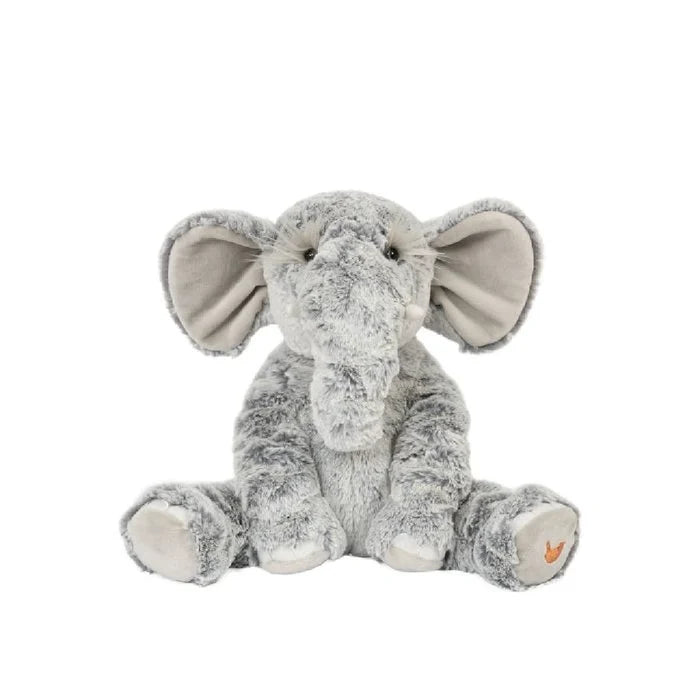 A plush elephant sits on a white background, showcasing its soft texture and gentle features.