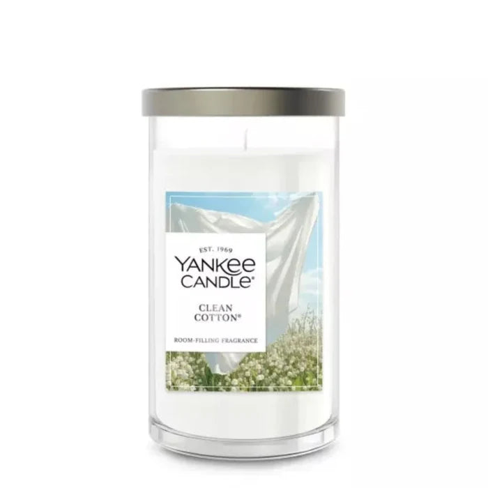 Yankee Candle Clean Cotton 14.25 oz. medium pillar candle with a classic white wax design and fresh linen-inspired fragrance.